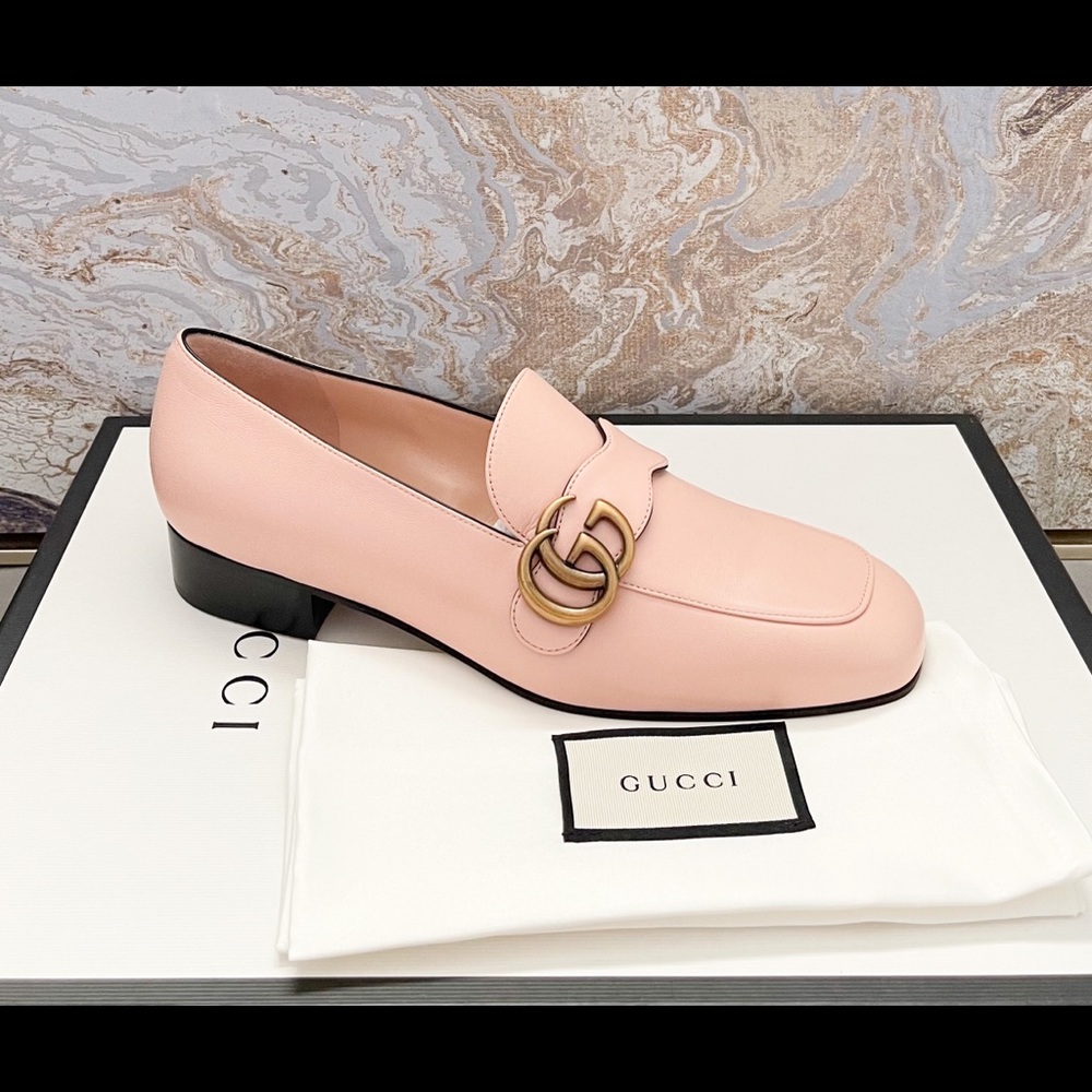 New! Gucci GG Marmont Malaga Kid Pink Leather Womens Loafers - Picture 6 of 10